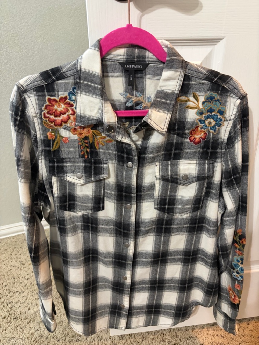 DRIFTWOOD Black & White Plaid Shirt with Subtle Floral Accent